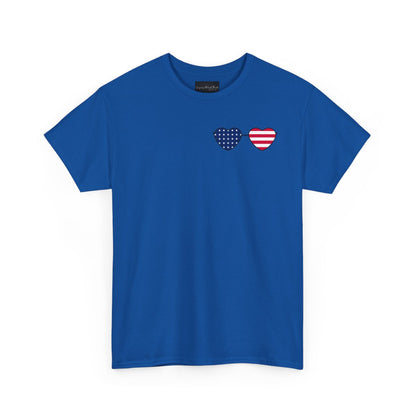 This super soft unisex t-shirt has a image of a pair of heart shaped sunglasses over the front left chest of the shirt, the American flag is inside the sunglasses. Perfect for 4th of July celebrations.