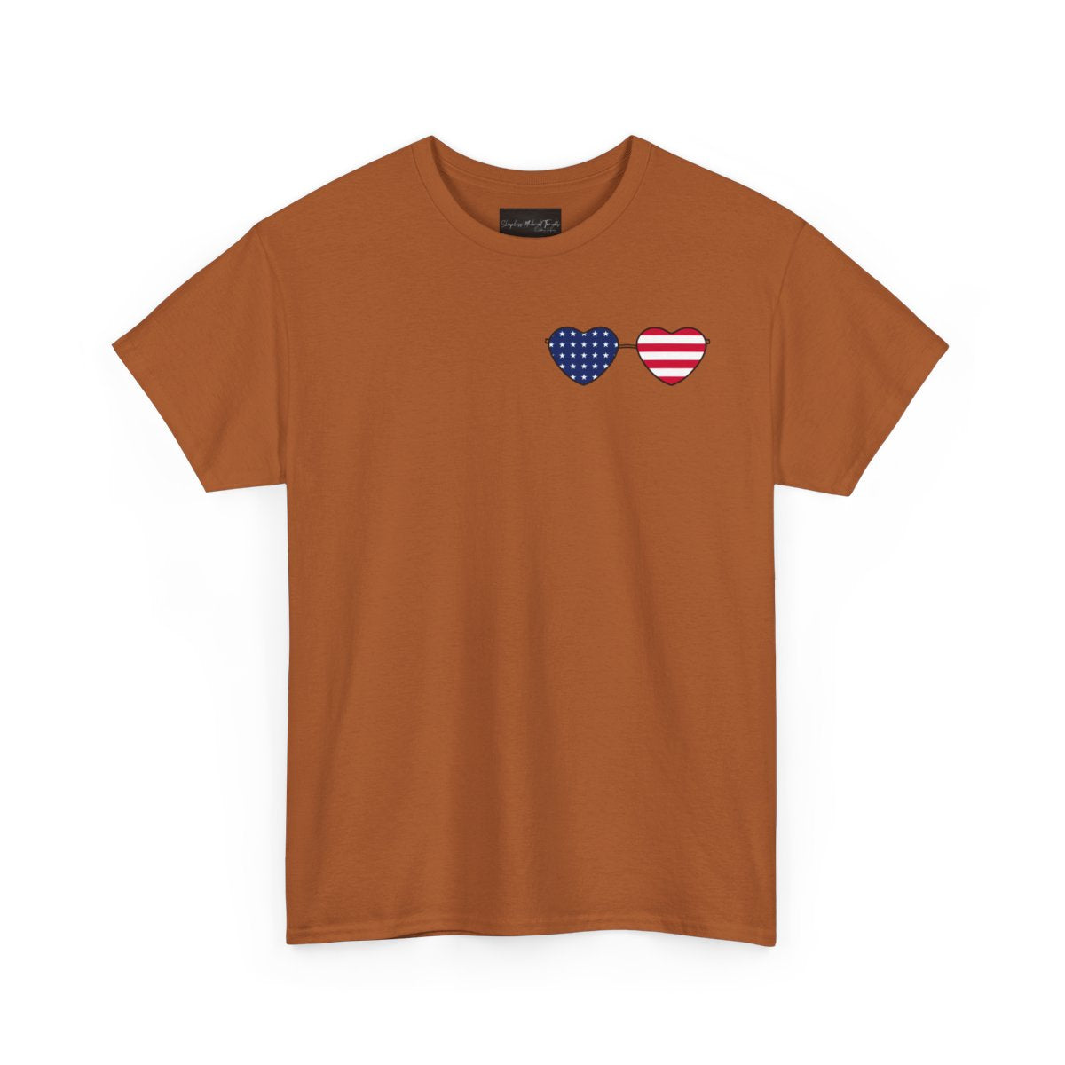 This super soft unisex t-shirt has a image of a pair of heart shaped sunglasses over the front left chest of the shirt, the American flag is inside the sunglasses. Perfect for 4th of July celebrations.