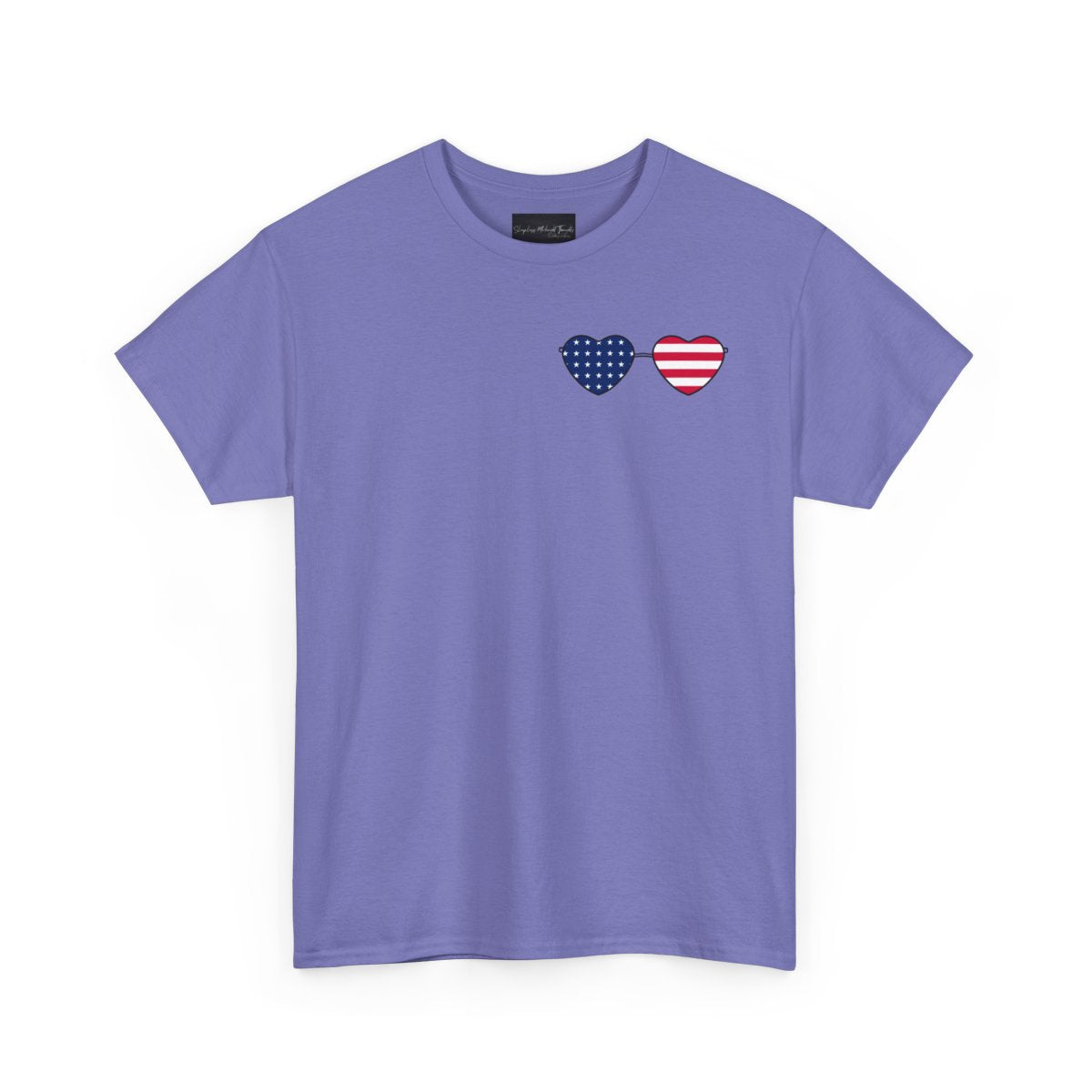 This super soft unisex t-shirt has a image of a pair of heart shaped sunglasses over the front left chest of the shirt, the American flag is inside the sunglasses. Perfect for 4th of July celebrations.
