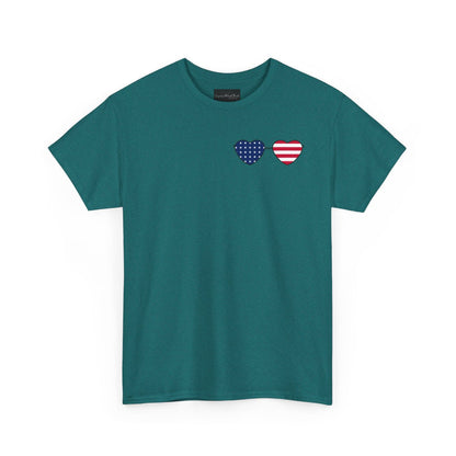 This super soft unisex t-shirt has a image of a pair of heart shaped sunglasses over the front left chest of the shirt, the American flag is inside the sunglasses. Perfect for 4th of July celebrations.