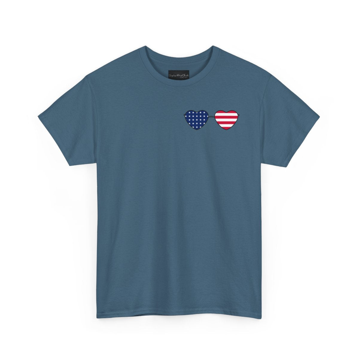 This super soft unisex t-shirt has a image of a pair of heart shaped sunglasses over the front left chest of the shirt, the American flag is inside the sunglasses. Perfect for 4th of July celebrations.
