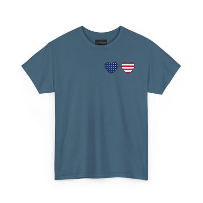 This super soft unisex t-shirt has a image of a pair of heart shaped sunglasses over the front left chest of the shirt, the American flag is inside the sunglasses. Perfect for 4th of July celebrations.