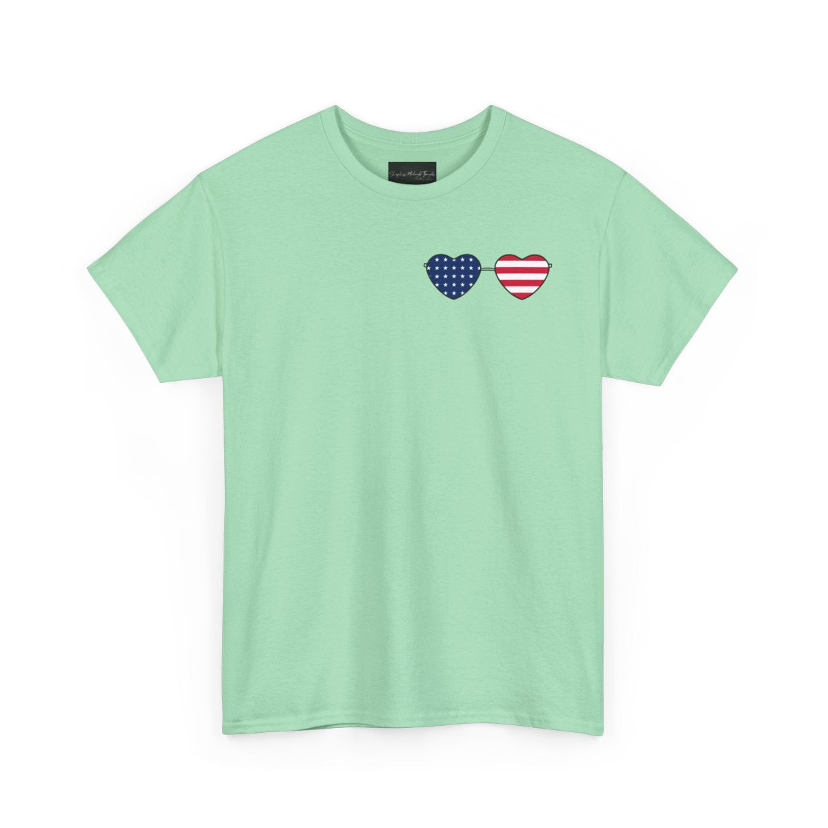 This super soft unisex t-shirt has a image of a pair of heart shaped sunglasses over the front left chest of the shirt, the American flag is inside the sunglasses. Perfect for 4th of July celebrations.