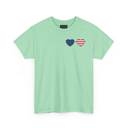 This super soft unisex t-shirt has a image of a pair of heart shaped sunglasses over the front left chest of the shirt, the American flag is inside the sunglasses. Perfect for 4th of July celebrations.