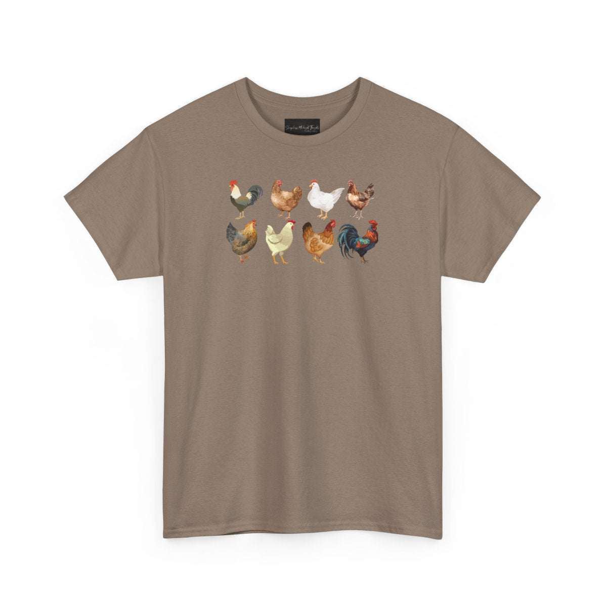 On the front of this custom unisex short sleeve shirt are two rows of chickens, each chicken is different with different color feathers.
