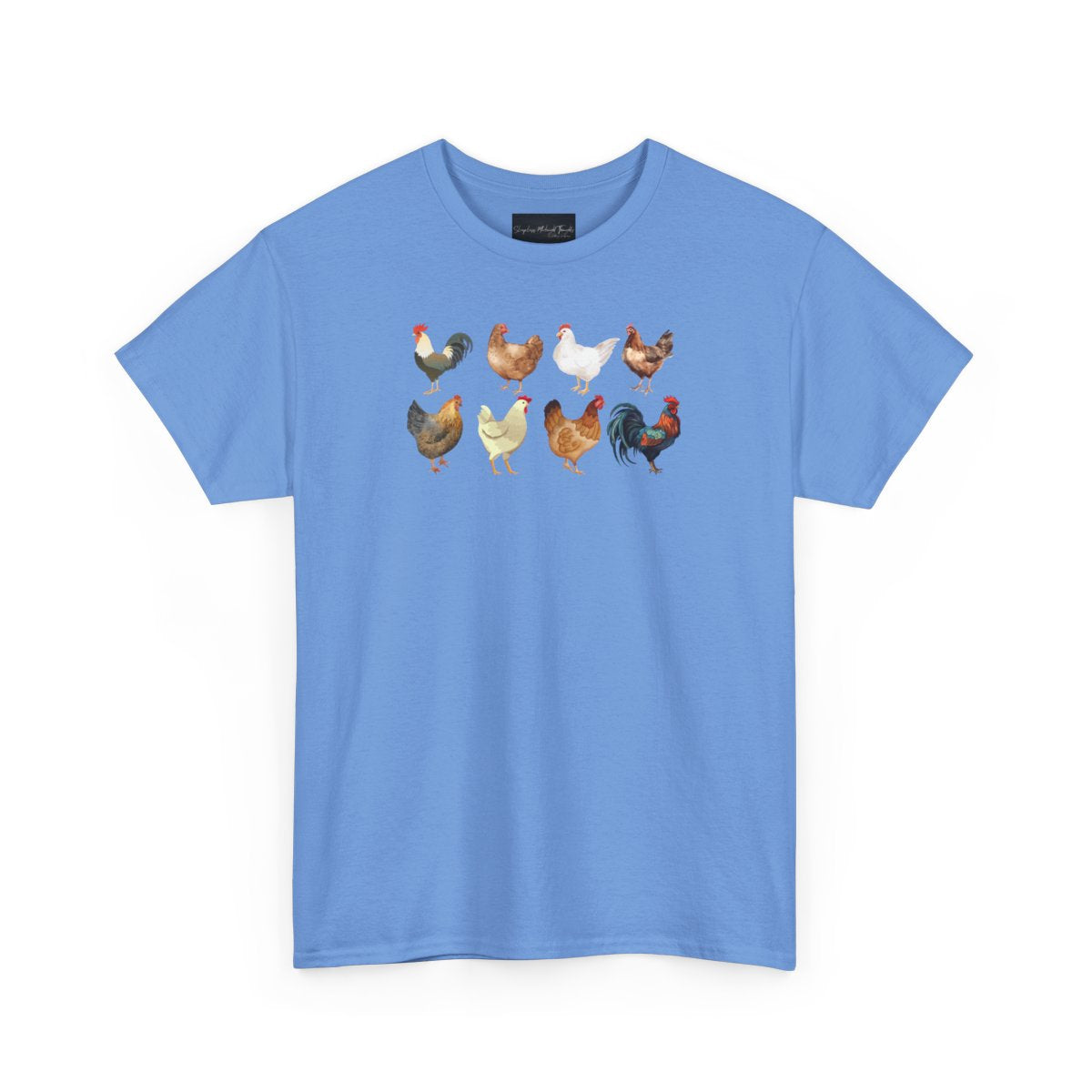 On the front of this custom unisex short sleeve shirt are two rows of chickens, each chicken is different with different color feathers.