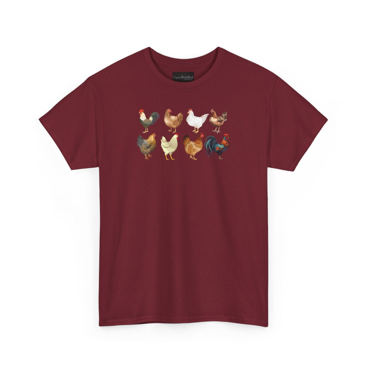 On the front of this custom unisex short sleeve shirt are two rows of chickens, each chicken is different with different color feathers.