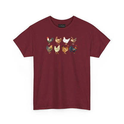 On the front of this custom unisex short sleeve shirt are two rows of chickens, each chicken is different with different color feathers.