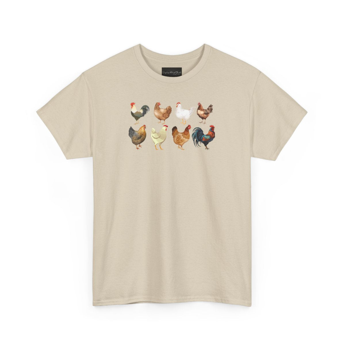On the front of this custom unisex short sleeve shirt are two rows of chickens, each chicken is different with different color feathers.