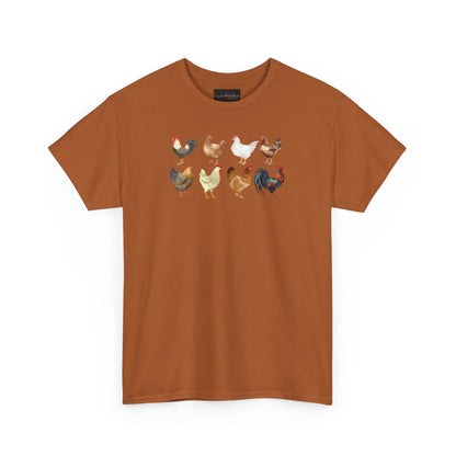On the front of this custom unisex short sleeve shirt are two rows of chickens, each chicken is different with different color feathers.