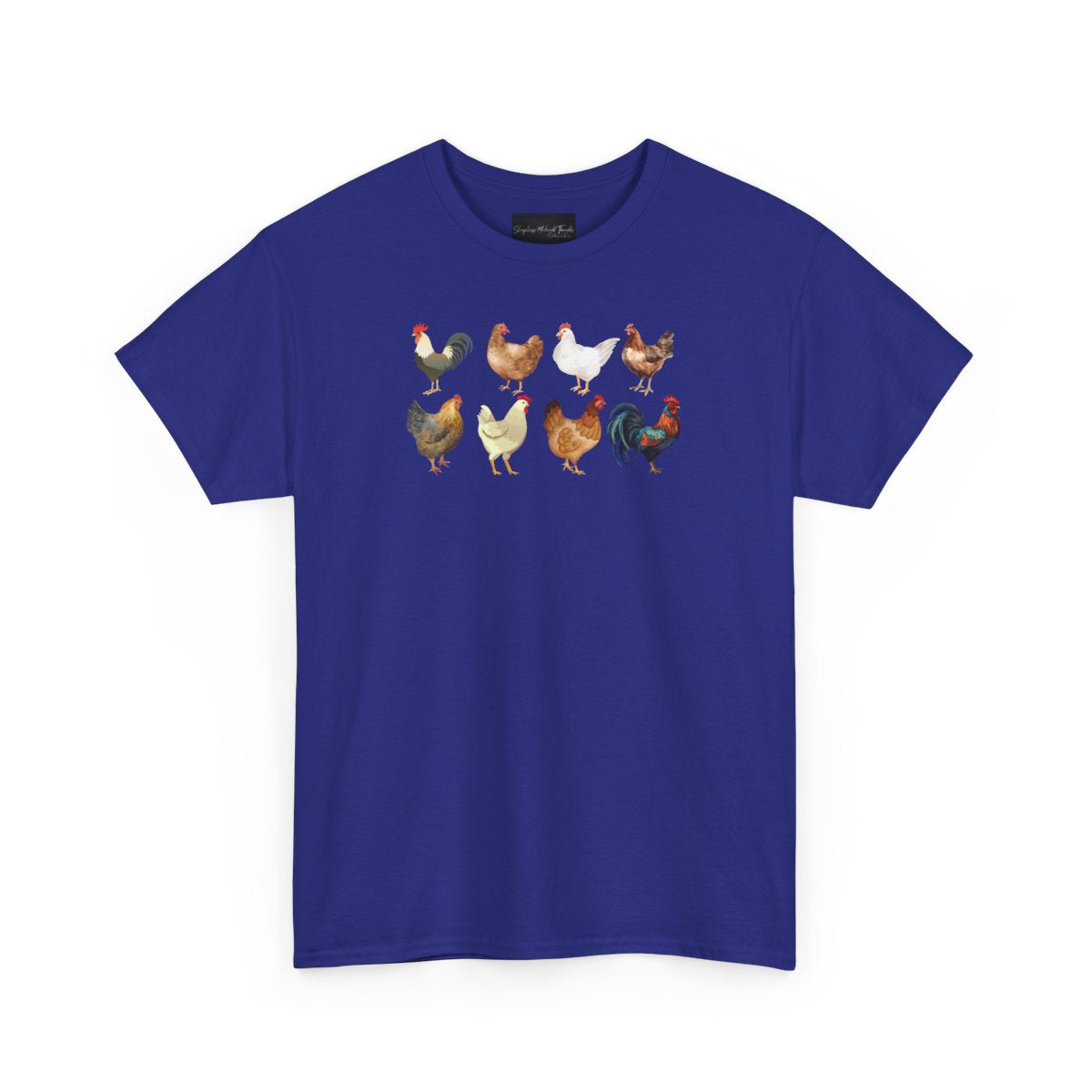 On the front of this custom unisex short sleeve shirt are two rows of chickens, each chicken is different with different color feathers.