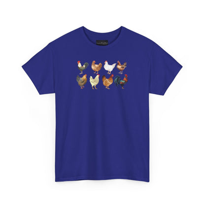 On the front of this custom unisex short sleeve shirt are two rows of chickens, each chicken is different with different color feathers.