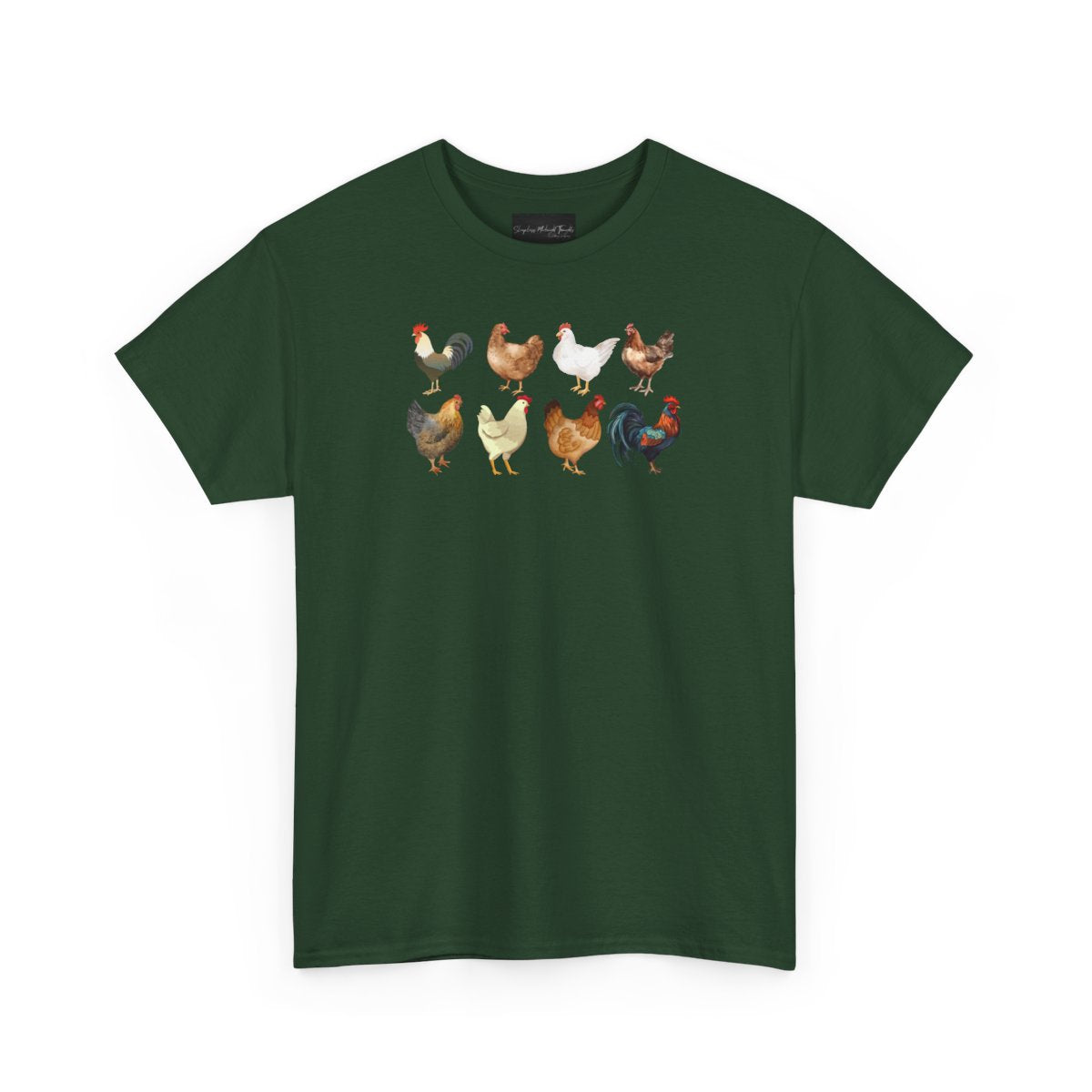 On the front of this custom unisex short sleeve shirt are two rows of chickens, each chicken is different with different color feathers.