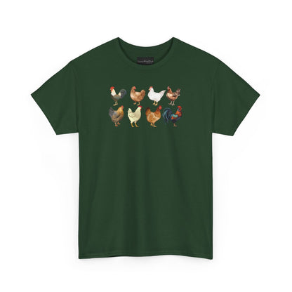 On the front of this custom unisex short sleeve shirt are two rows of chickens, each chicken is different with different color feathers.