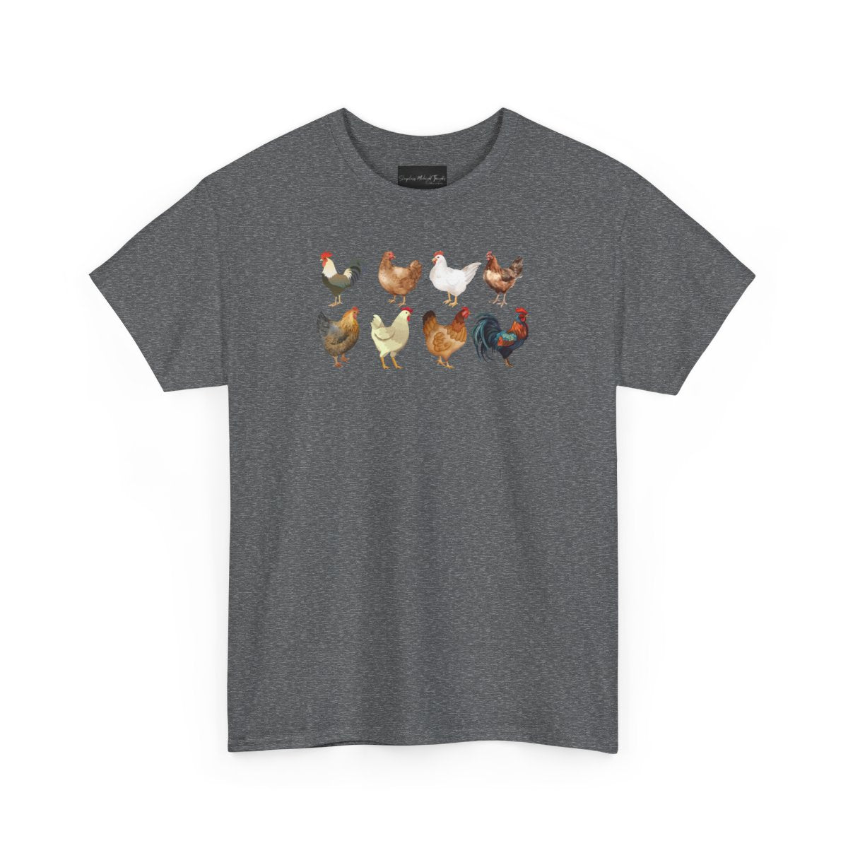 On the front of this custom unisex short sleeve shirt are two rows of chickens, each chicken is different with different color feathers.