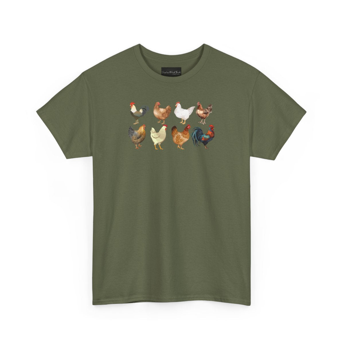 On the front of this custom unisex short sleeve shirt are two rows of chickens, each chicken is different with different color feathers.