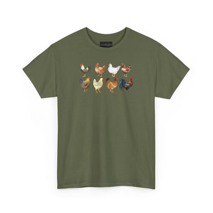 On the front of this custom unisex short sleeve shirt are two rows of chickens, each chicken is different with different color feathers.