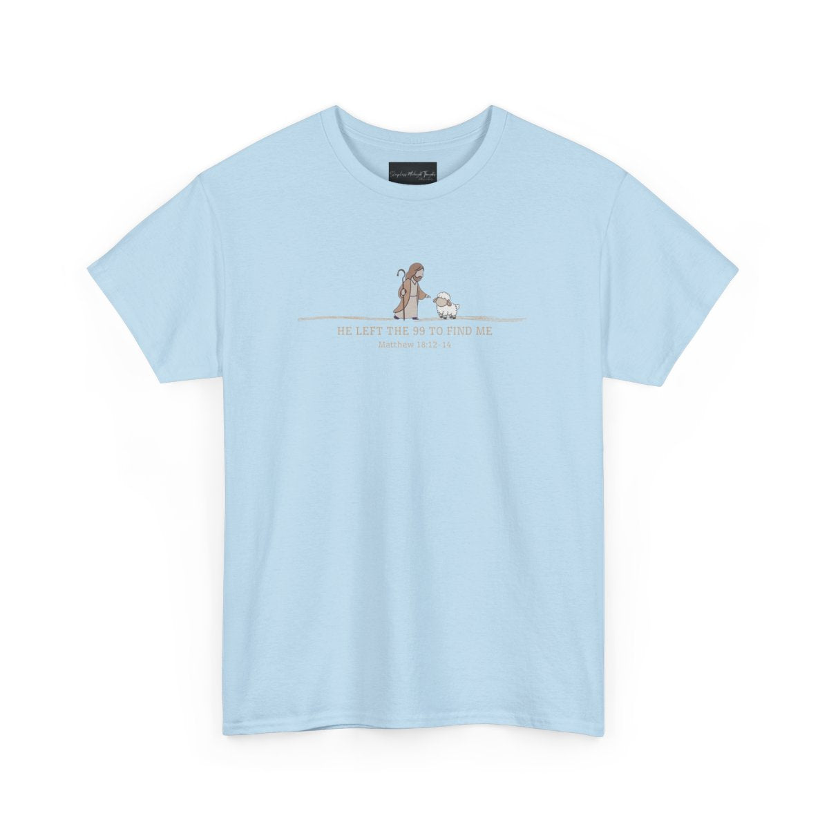 On the front of this custom Christian t-shirt is an image of Jesus the shepherd standing next to a little lamb, underneath the image are the words He left the 99 to Rescue Me Matthew 18:12-14.