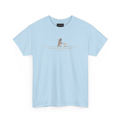On the front of this custom Christian t-shirt is an image of Jesus the shepherd standing next to a little lamb, underneath the image are the words He left the 99 to Rescue Me Matthew 18:12-14.