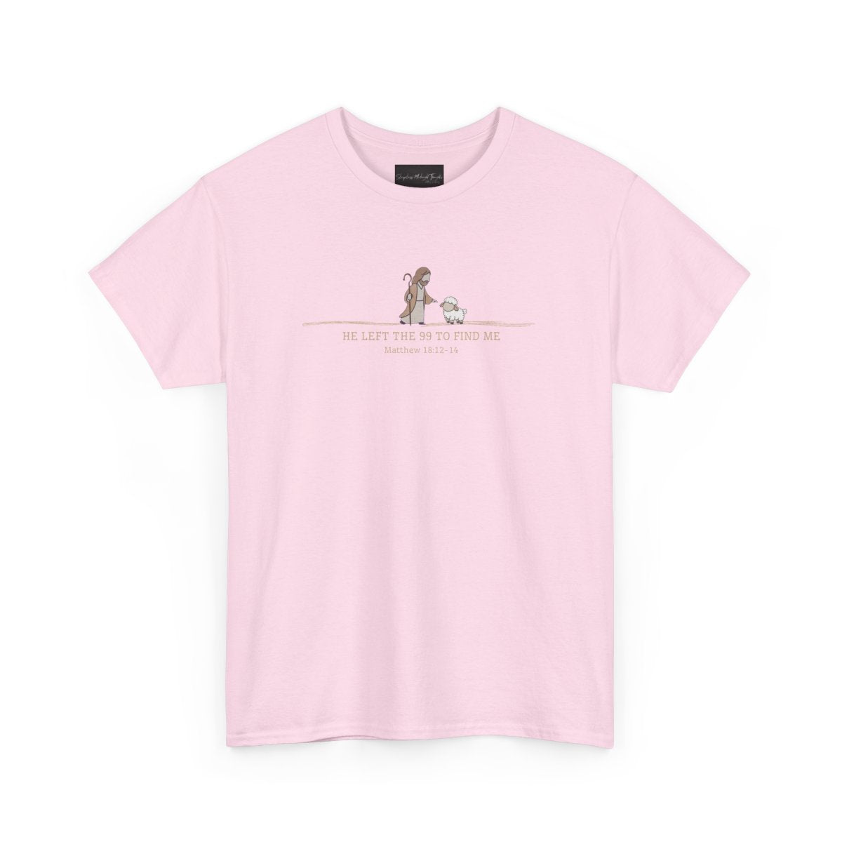 On the front of this custom Christian t-shirt is an image of Jesus the shepherd standing next to a little lamb, underneath the image are the words He left the 99 to Rescue Me Matthew 18:12-14.