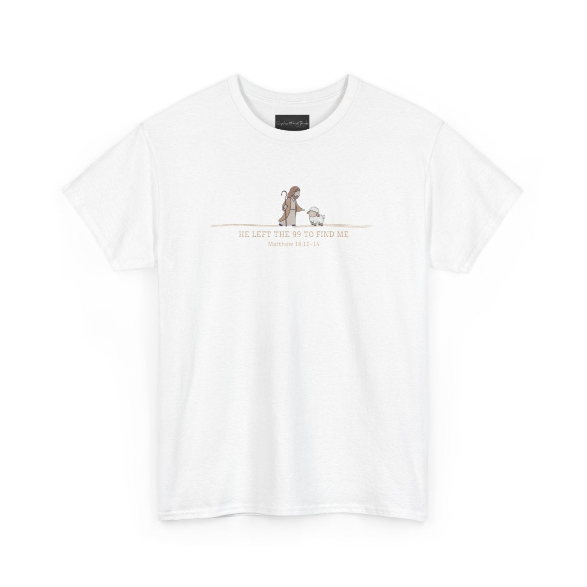 On the front of this custom Christian t-shirt is an image of Jesus the shepherd standing next to a little lamb, underneath the image are the words He left the 99 to Rescue Me Matthew 18:12-14.