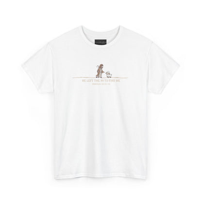 On the front of this custom Christian t-shirt is an image of Jesus the shepherd standing next to a little lamb, underneath the image are the words He left the 99 to Rescue Me Matthew 18:12-14.