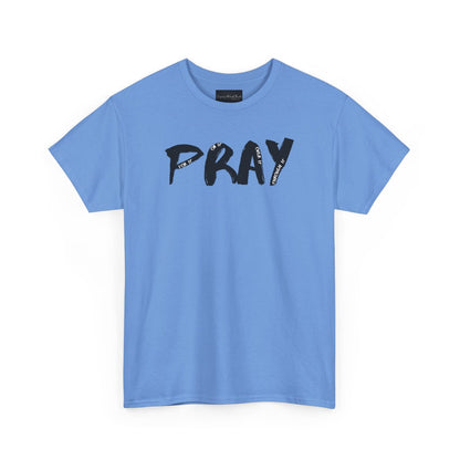 On the front of this custom handmade short sleeve shirt is the word pray in large black lettering, inside each letter in smaller writing are the words For it On it Over it and Through it in a different color font.