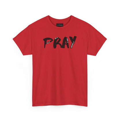 On the front of this custom handmade short sleeve shirt is the word pray in large black lettering, inside each letter in smaller writing are the words For it On it Over it and Through it in a different color font.