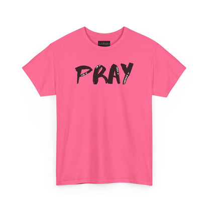On the front of this custom handmade short sleeve shirt is the word pray in large black lettering, inside each letter in smaller writing are the words For it On it Over it and Through it in a different color font.