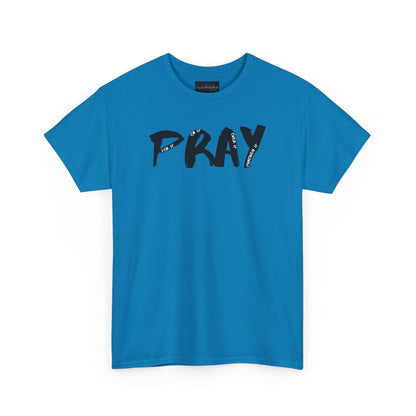 On the front of this custom handmade short sleeve shirt is the word pray in large black lettering, inside each letter in smaller writing are the words For it On it Over it and Through it in a different color font.