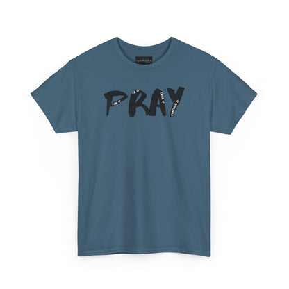 On the front of this custom handmade short sleeve shirt is the word pray in large black lettering, inside each letter in smaller writing are the words For it On it Over it and Through it in a different color font.
