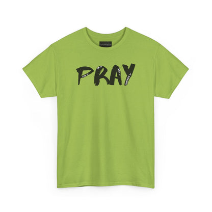On the front of this custom handmade short sleeve shirt is the word pray in large black lettering, inside each letter in smaller writing are the words For it On it Over it and Through it in a different color font.