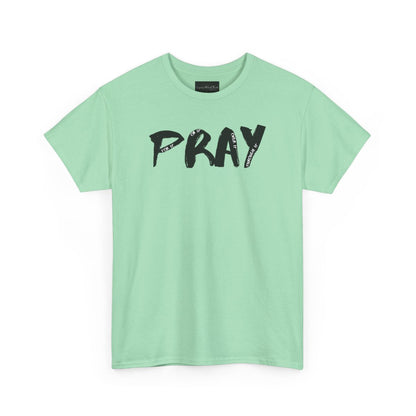 On the front of this custom handmade short sleeve shirt is the word pray in large black lettering, inside each letter in smaller writing are the words For it On it Over it and Through it in a different color font.