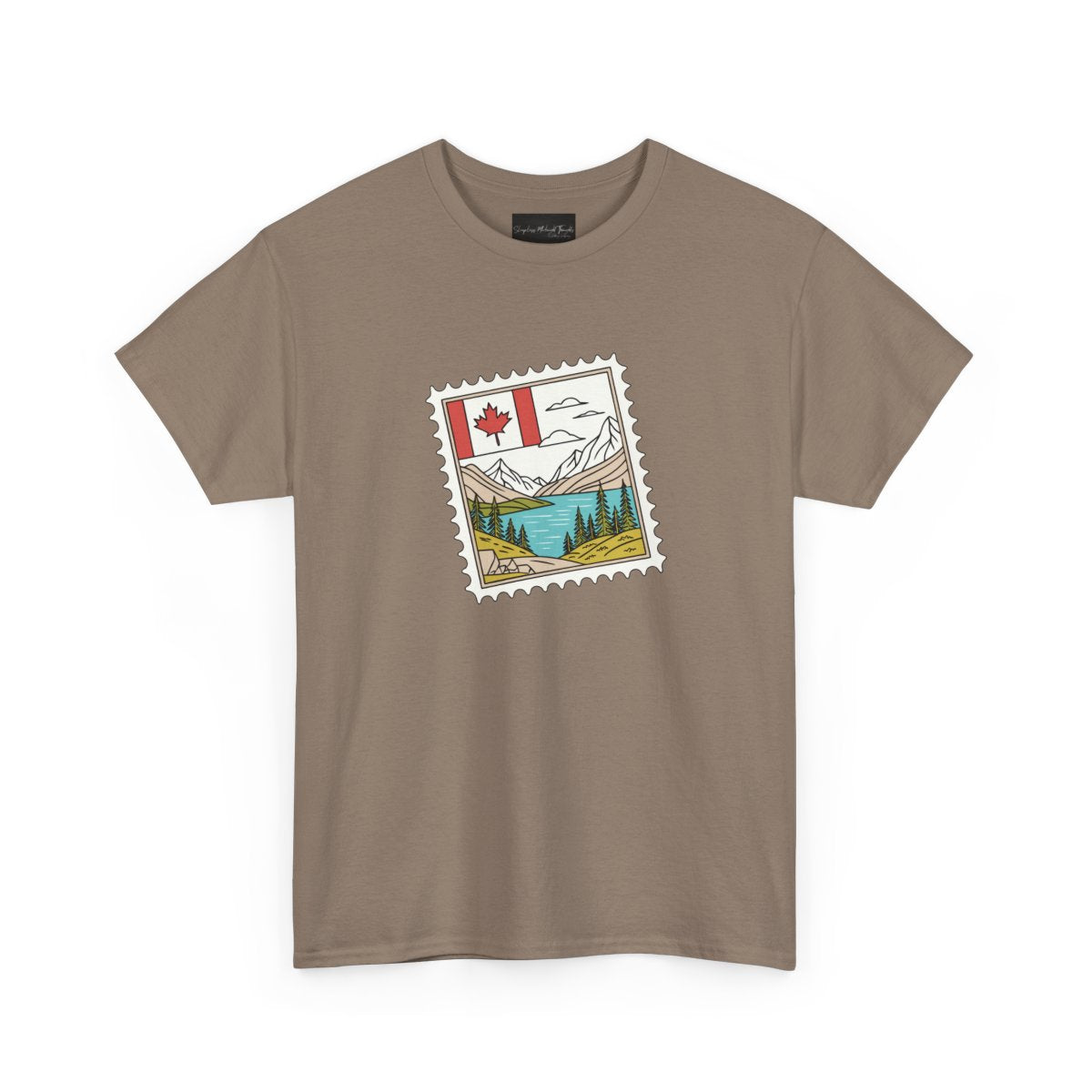 On the front of this custom Canadian pride short sleeve shirt is an image of a Canadian postage stamp with the Canadian flag in one corner and an image of mountains, a lake, and trees the make up the rest of the stamp.