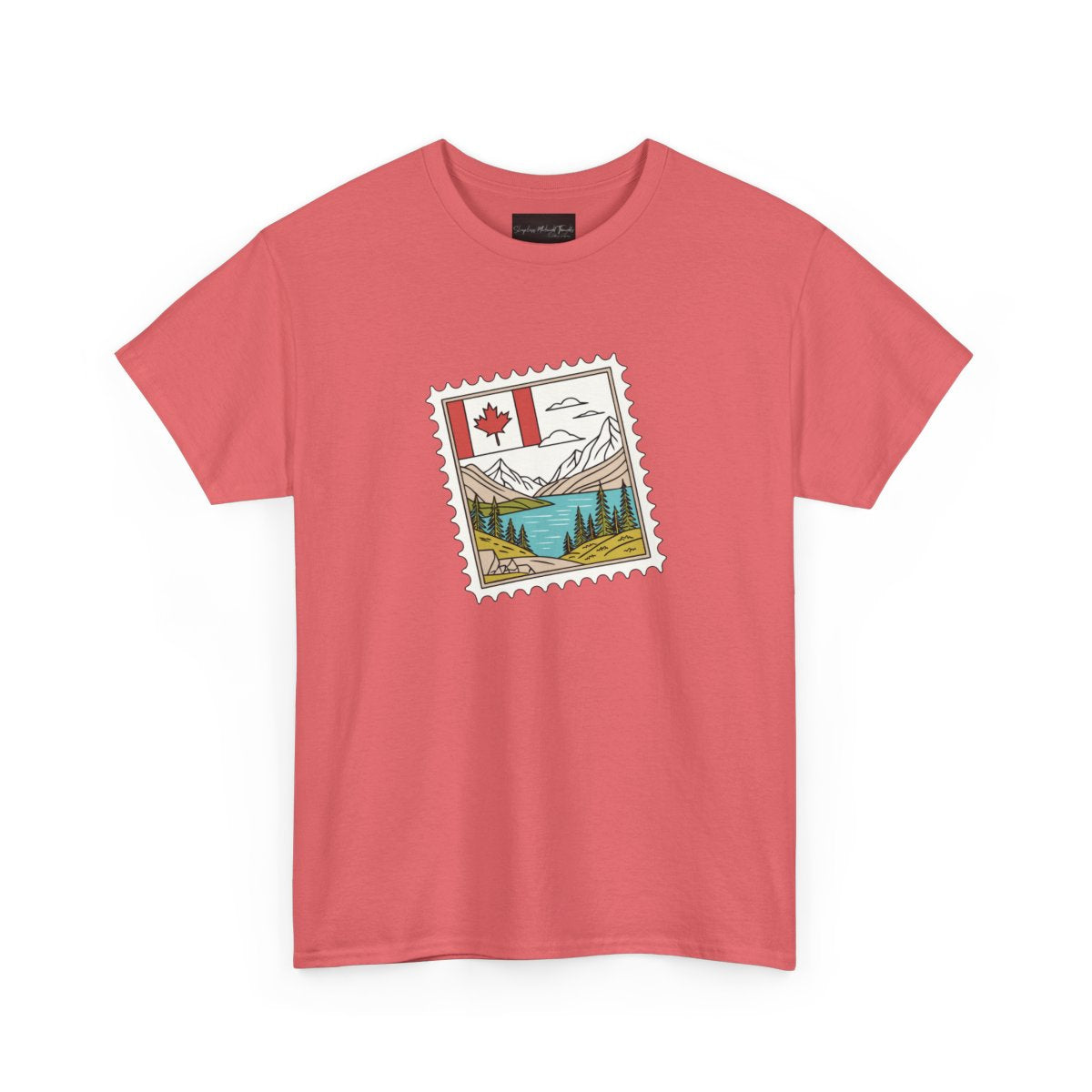 On the front of this custom Canadian pride short sleeve shirt is an image of a Canadian postage stamp with the Canadian flag in one corner and an image of mountains, a lake, and trees the make up the rest of the stamp.