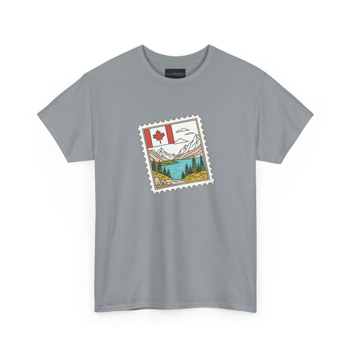 On the front of this custom Canadian pride short sleeve shirt is an image of a Canadian postage stamp with the Canadian flag in one corner and an image of mountains, a lake, and trees the make up the rest of the stamp.