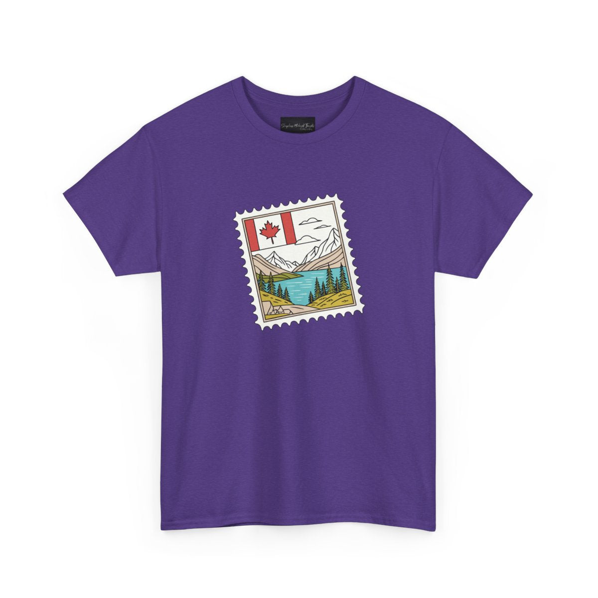 On the front of this custom Canadian pride short sleeve shirt is an image of a Canadian postage stamp with the Canadian flag in one corner and an image of mountains, a lake, and trees the make up the rest of the stamp.