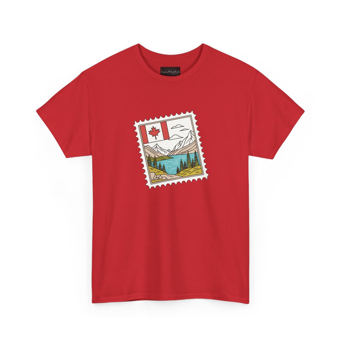 On the front of this custom Canadian pride short sleeve shirt is an image of a Canadian postage stamp with the Canadian flag in one corner and an image of mountains, a lake, and trees the make up the rest of the stamp.