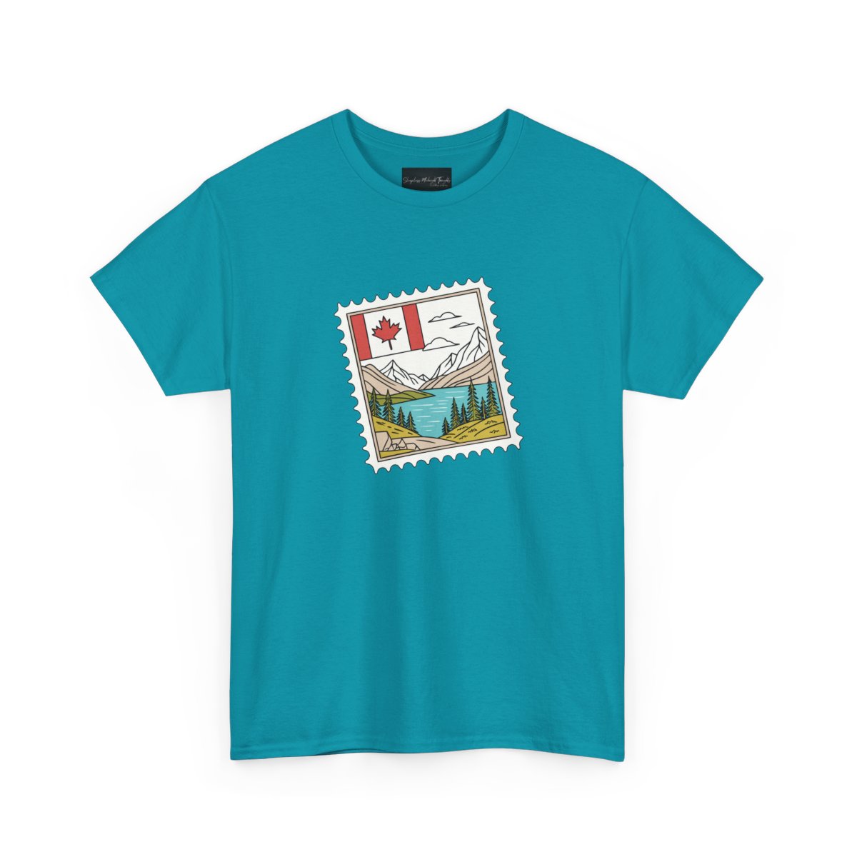 On the front of this custom Canadian pride short sleeve shirt is an image of a Canadian postage stamp with the Canadian flag in one corner and an image of mountains, a lake, and trees the make up the rest of the stamp.