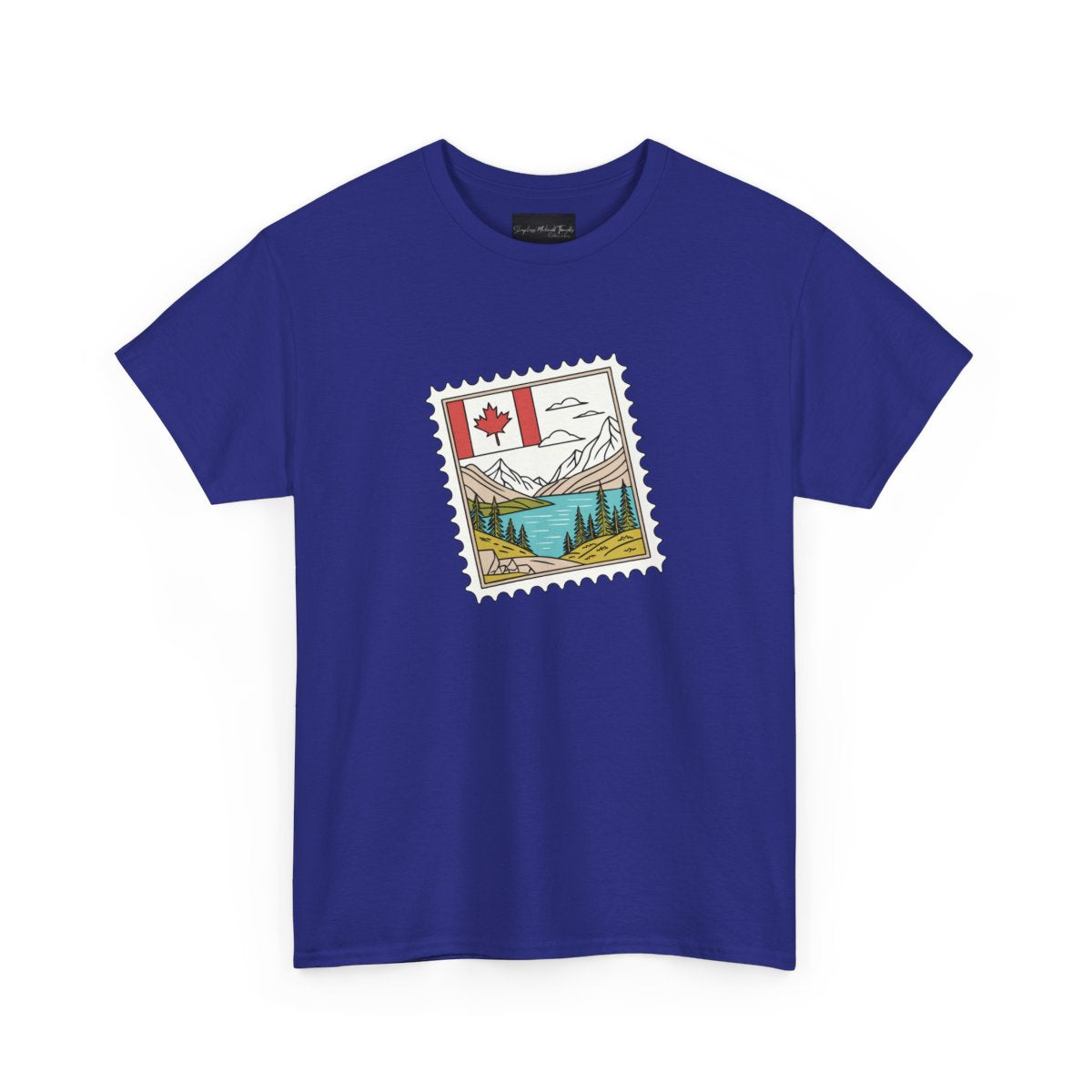 On the front of this custom Canadian pride short sleeve shirt is an image of a Canadian postage stamp with the Canadian flag in one corner and an image of mountains, a lake, and trees the make up the rest of the stamp.