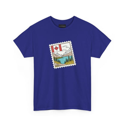 On the front of this custom Canadian pride short sleeve shirt is an image of a Canadian postage stamp with the Canadian flag in one corner and an image of mountains, a lake, and trees the make up the rest of the stamp.