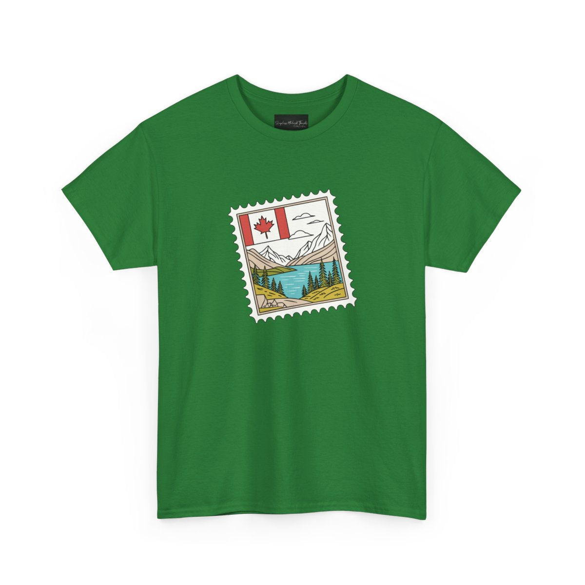 On the front of this custom Canadian pride short sleeve shirt is an image of a Canadian postage stamp with the Canadian flag in one corner and an image of mountains, a lake, and trees the make up the rest of the stamp.
