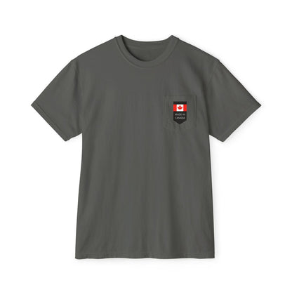 On the front pocket of this custom shirt is a Canadian flag with the words Made in Canada underneath the flag.