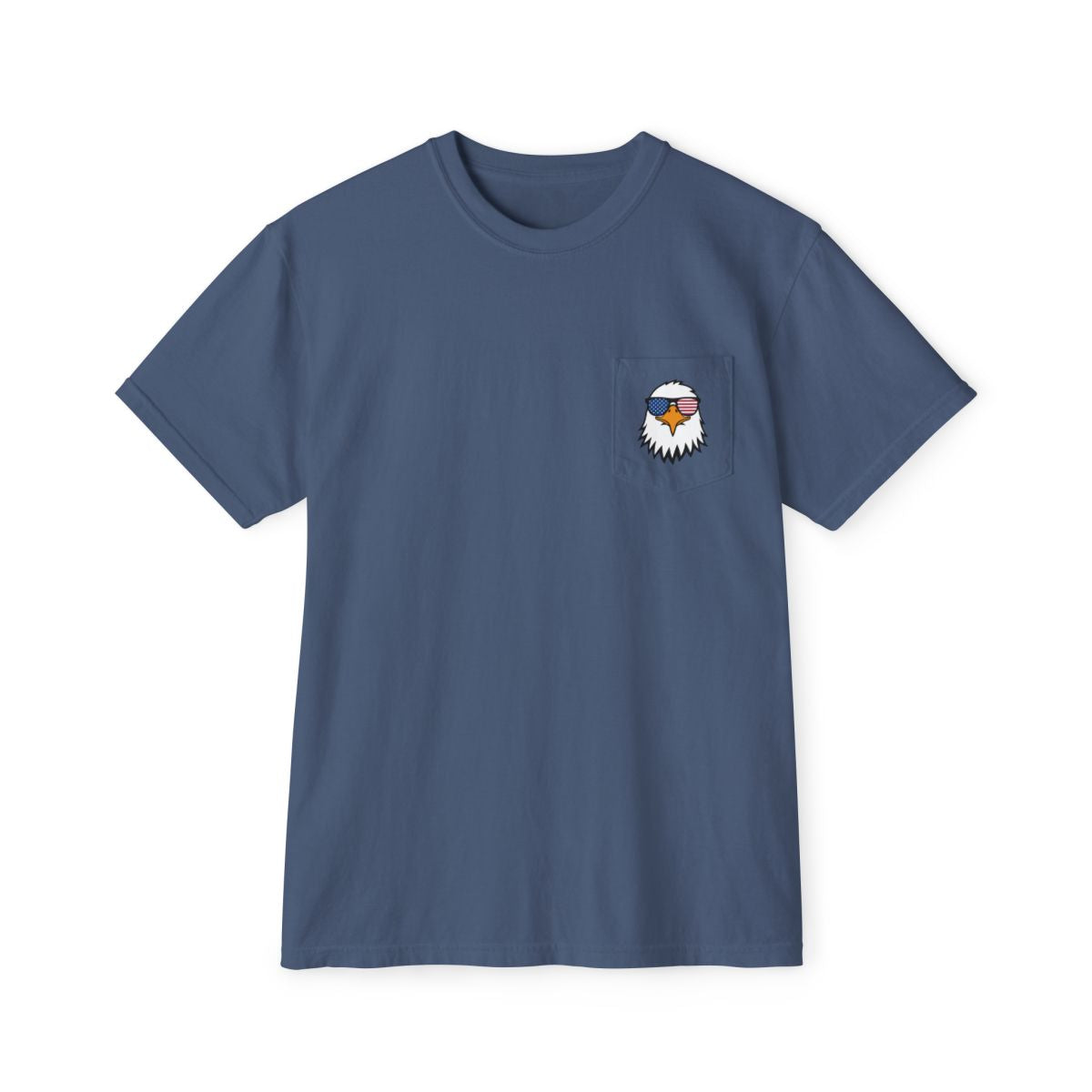 On the front of this custom t-shirt is a image of a bald eagle wearing a pair of sunglasses that have the American flag in the lenses.