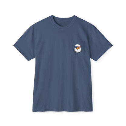 On the front of this custom t-shirt is a image of a bald eagle wearing a pair of sunglasses that have the American flag in the lenses.