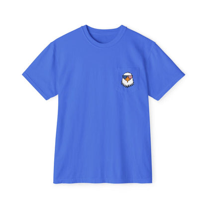 On the front of this custom t-shirt is a image of a bald eagle wearing a pair of sunglasses that have the American flag in the lenses.