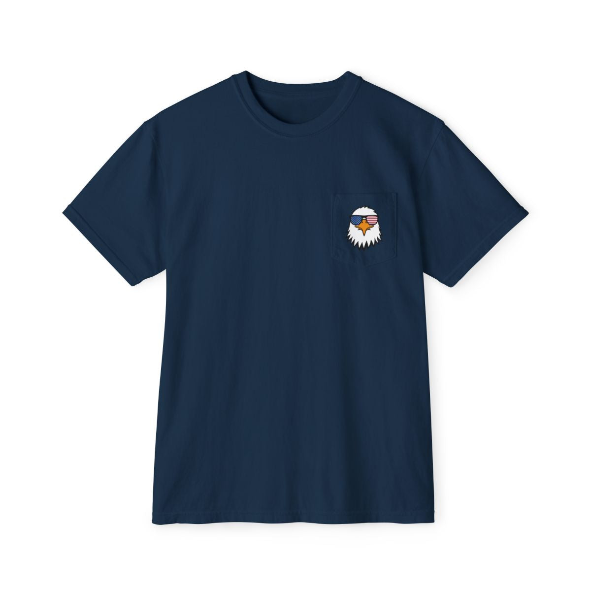 On the front of this custom t-shirt is a image of a bald eagle wearing a pair of sunglasses that have the American flag in the lenses.