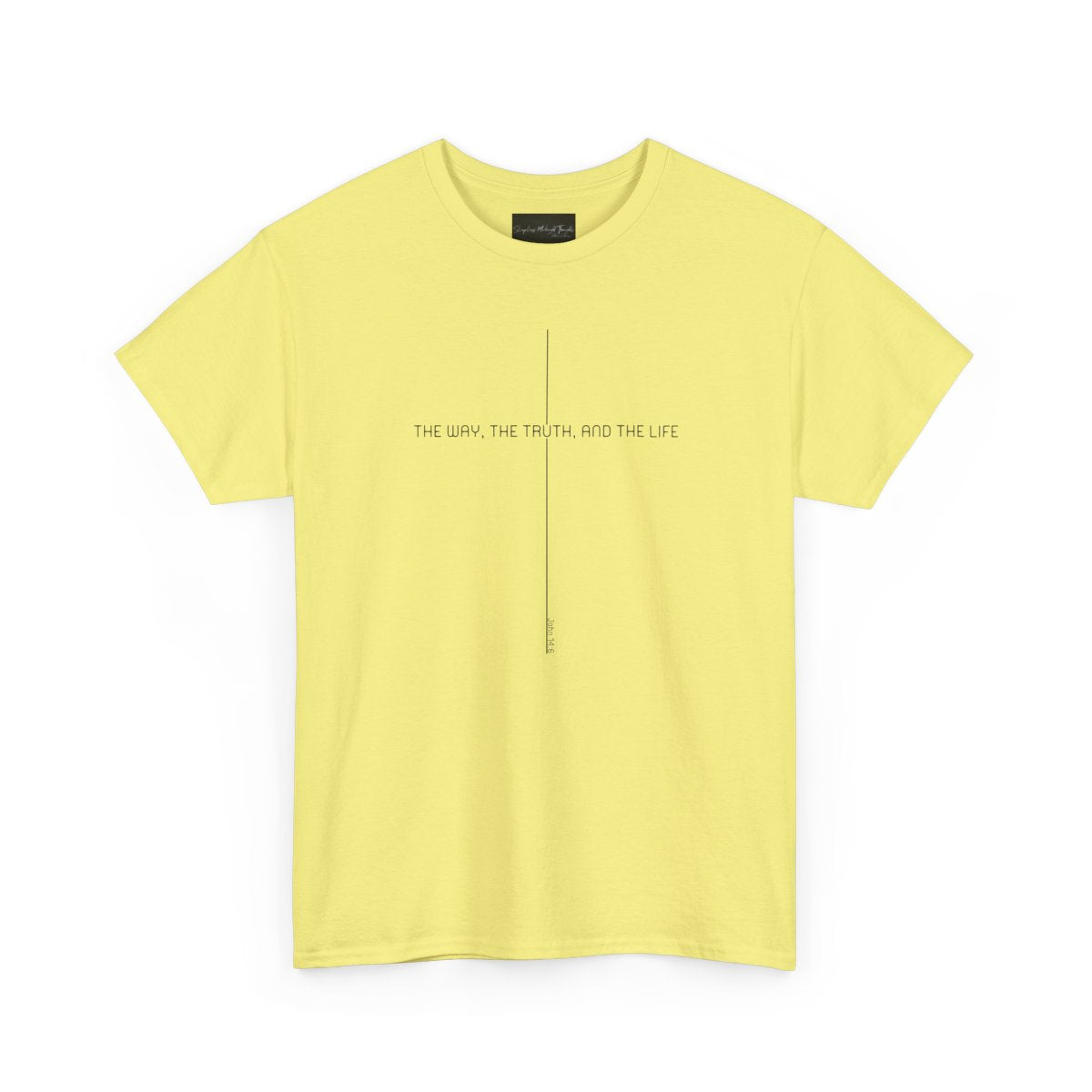 On the front of this custom faith inspired handmade t-shirt is a cross with the bible verse The Way, The Truth, and The Life John 14:6 in a modern font.