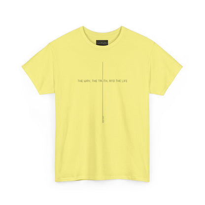 On the front of this custom faith inspired handmade t-shirt is a cross with the bible verse The Way, The Truth, and The Life John 14:6 in a modern font.