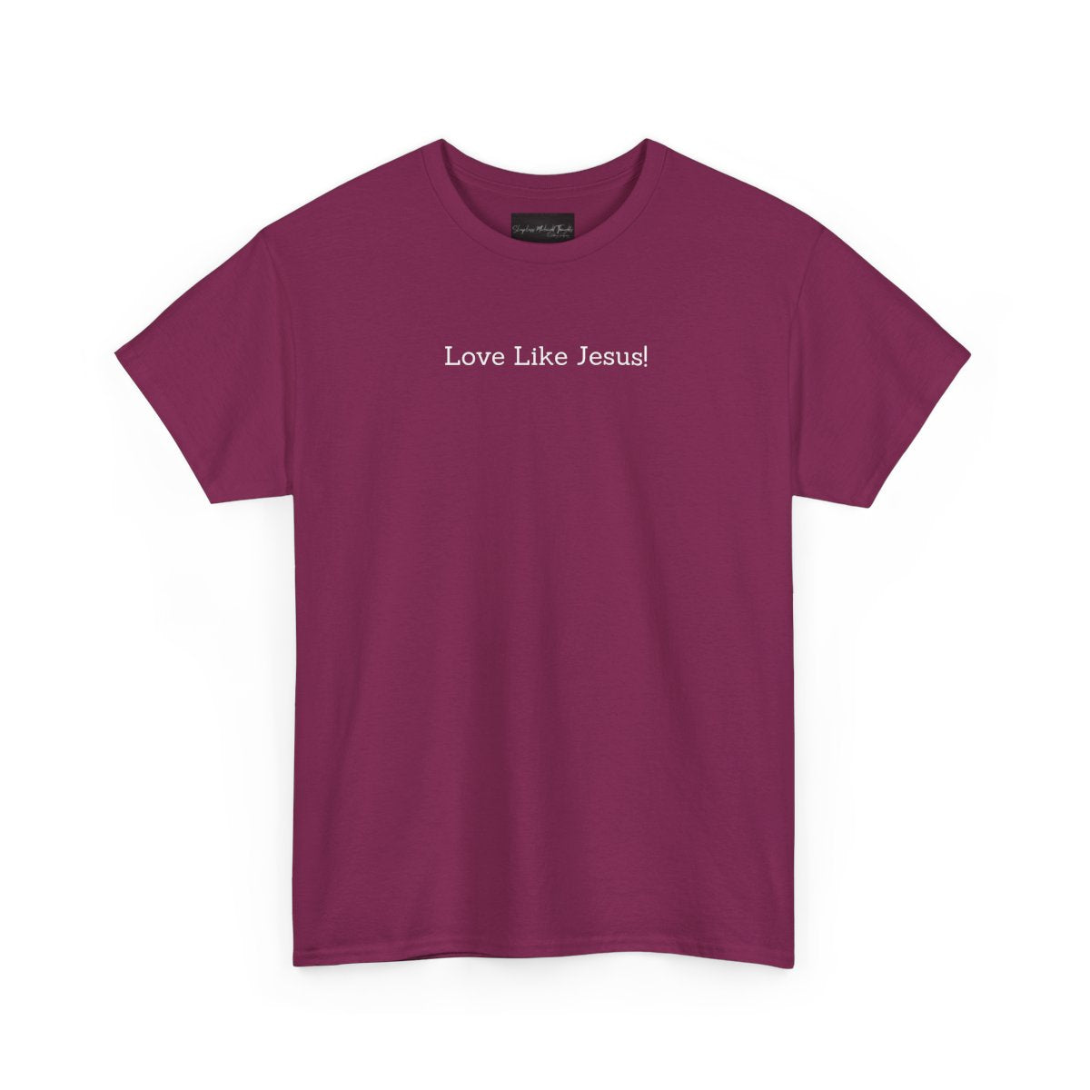 On the front of this custom Christian short sleeve shirt are the words Love Like Jesus in a modern font on the top of the shirt.